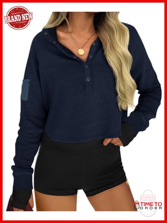 Tops - Womens Cropped Henley Neck Snap Button Long Sleeve Sweatshirt Loose Fit